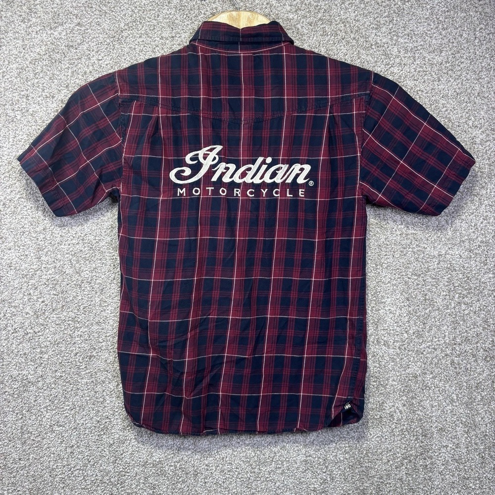 Indian Motorcycle Shirt Womens Small Red Plaid Short Sleeve Button Up Back Logo
